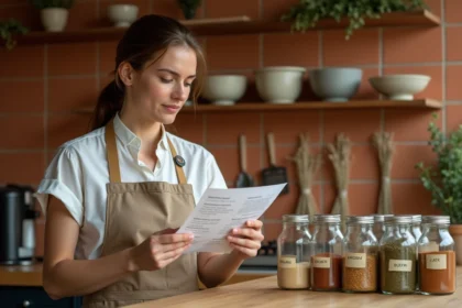 Femme consultant une liste d'épices imprimée dans sa cuisine avec des bocaux d'épices colorés sur un plan de travail en bois