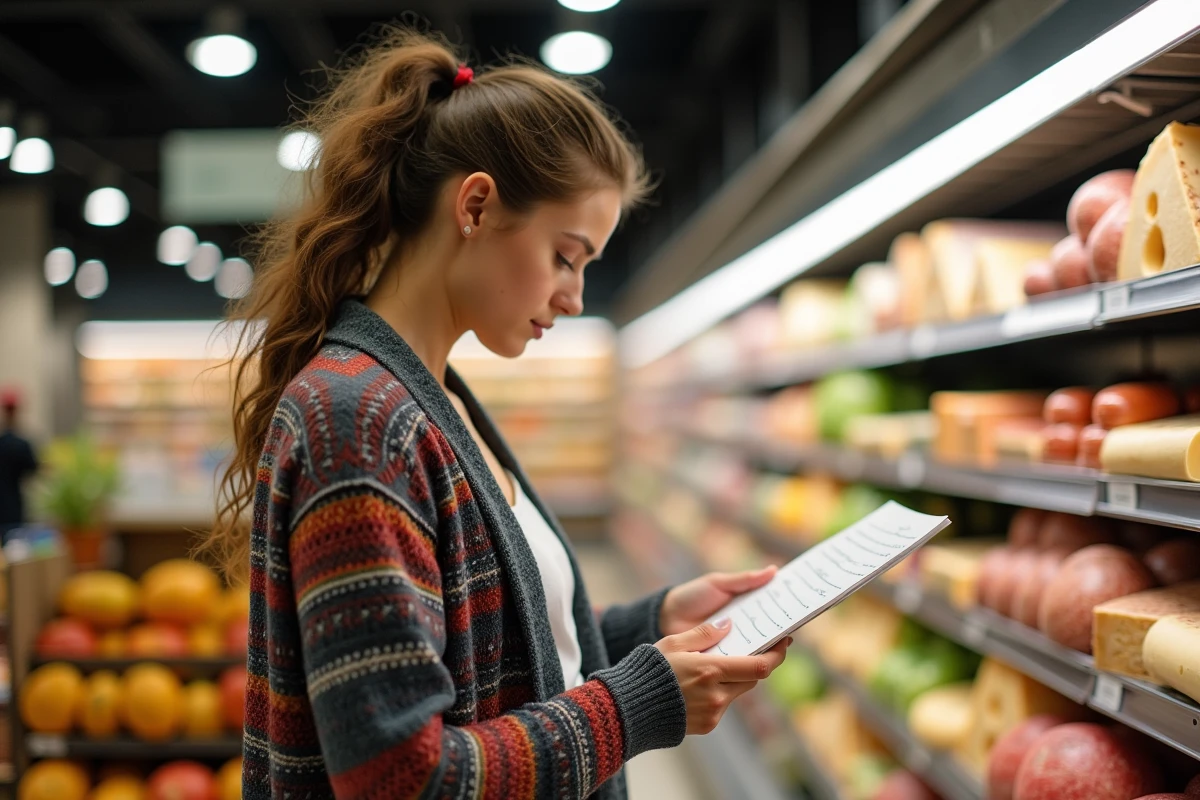Femme étudiant une liste de raclette en supermarche