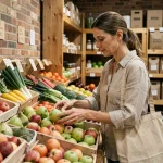 Femme inspectant des fruits et légumes imparfaits dans un magasin anti-gaspillage avec des étagères en bois recyclé