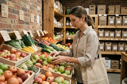 Femme inspectant des fruits et légumes imparfaits dans un magasin anti-gaspillage avec des étagères en bois recyclé