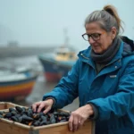 Femme en imperméable bleu choisissant des huîtres fraîches au marché