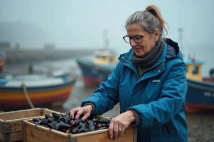 Femme en imperméable bleu choisissant des huîtres fraîches au marché