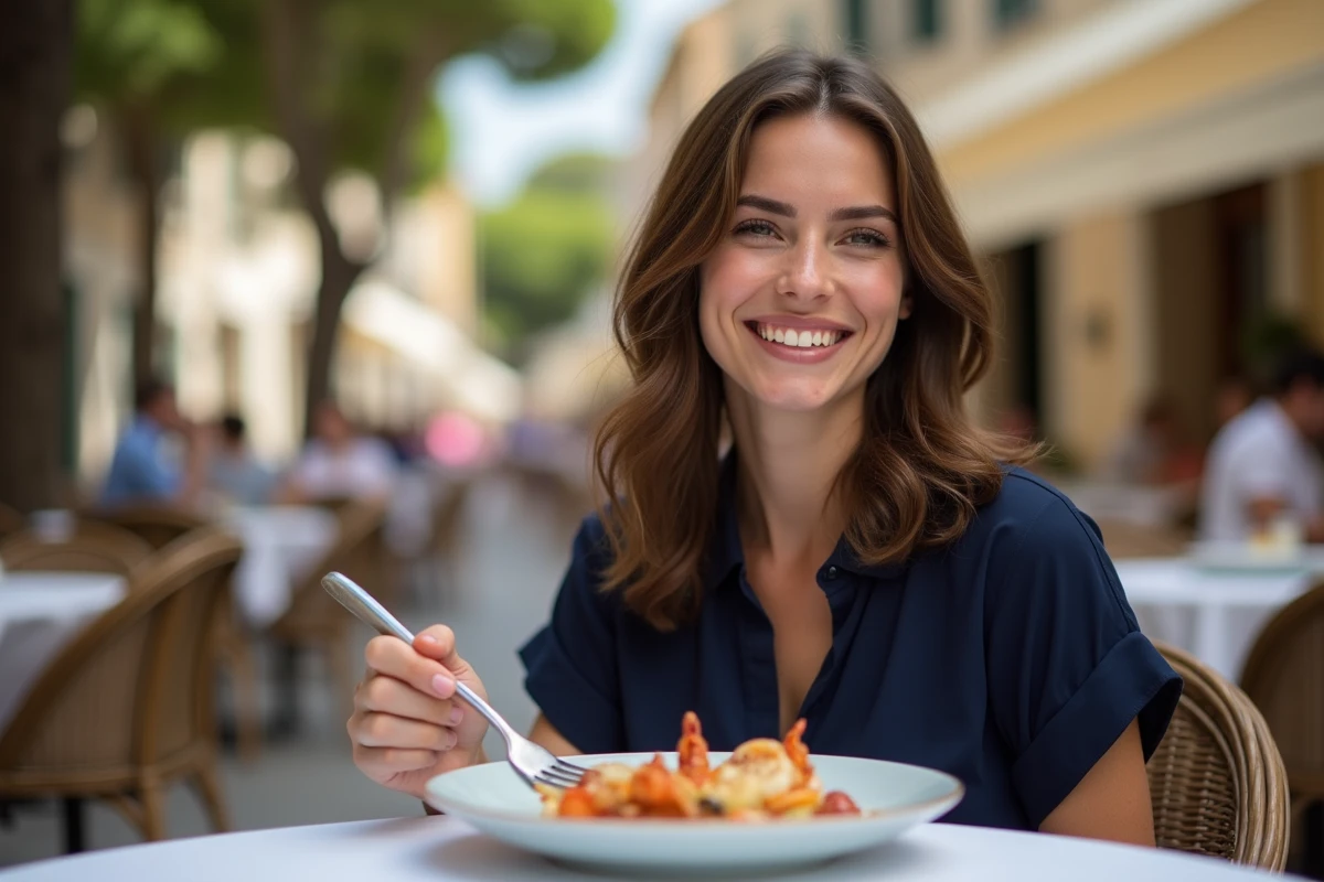 Jeune femme souriante dégustant un plat de fruits de mer en terrasse