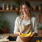 Femme en cuisine avec bananes mûres et sourire naturel