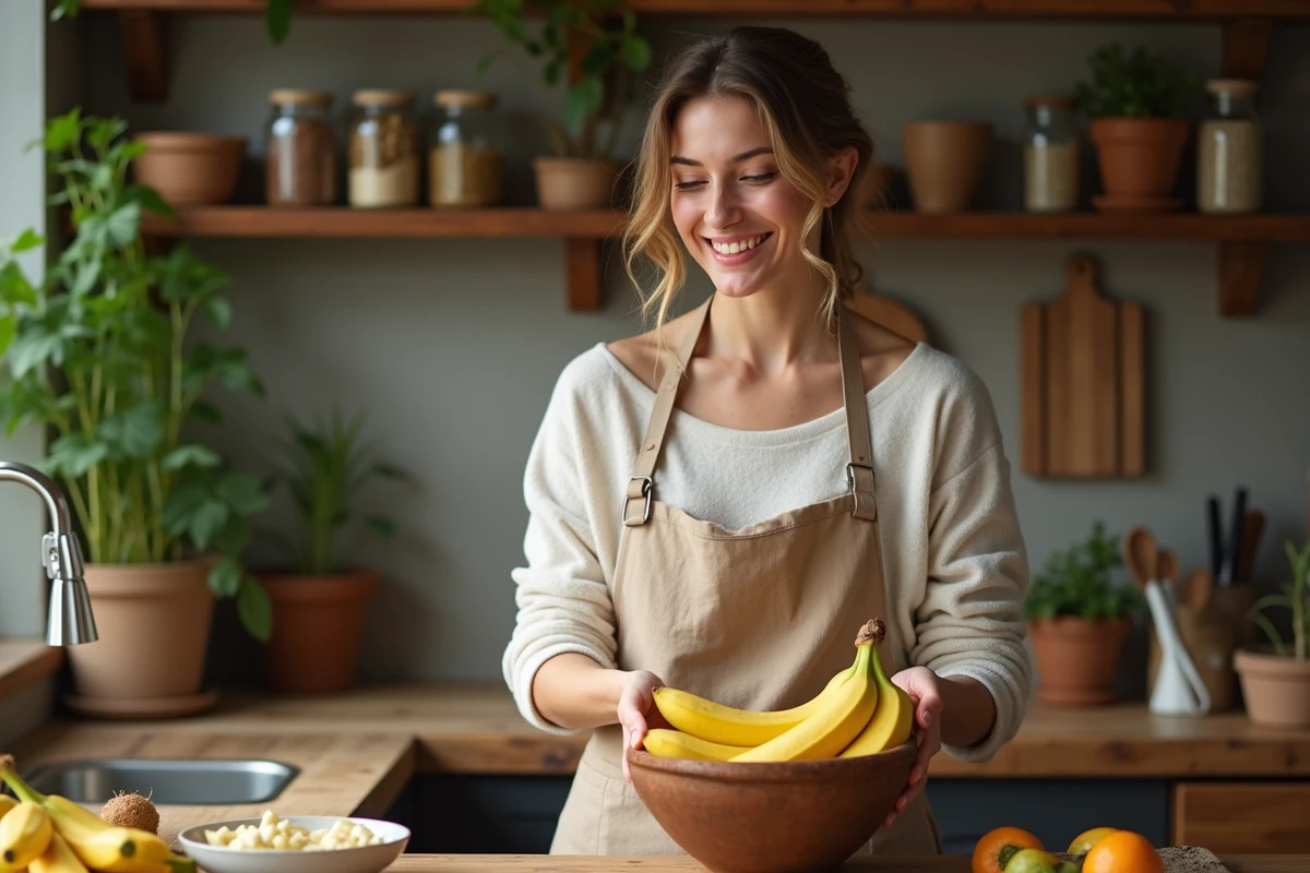 Femme en cuisine avec bananes mûres et sourire naturel