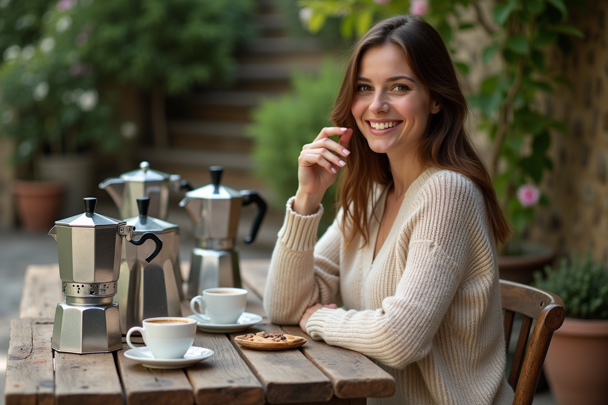 Femme dégustant espresso en extérieur avec cafetières italiennes