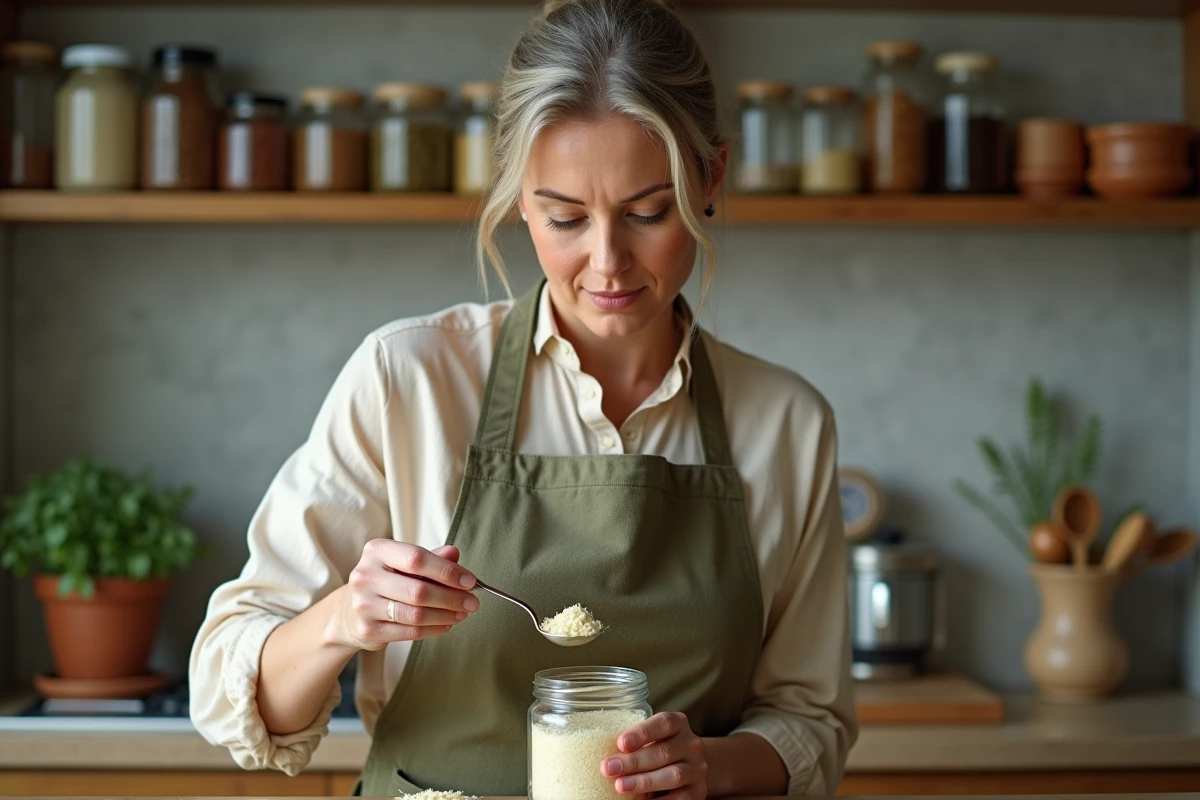 Femme mesurant des flocons d'oignon séché avec une cuillère en métal dans une cuisine maison, remplacement de l'oignon frais