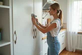 Femme nettoyant un meuble de cuisine blanc moderne