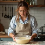 Femme frustrée devant une pâte inégale en cuisine