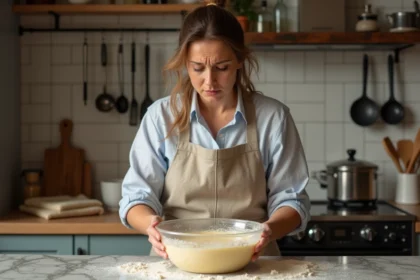 Femme frustrée devant une pâte inégale en cuisine