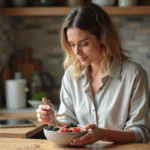 Femme arrangeant un bol de flocons et fruits frais