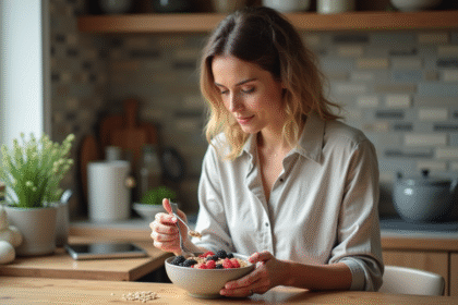 Femme arrangeant un bol de flocons et fruits frais