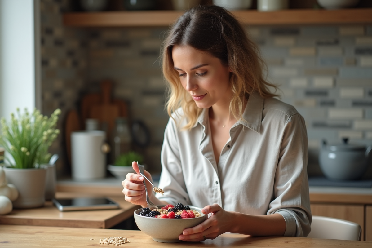 Femme arrangeant un bol de flocons et fruits frais
