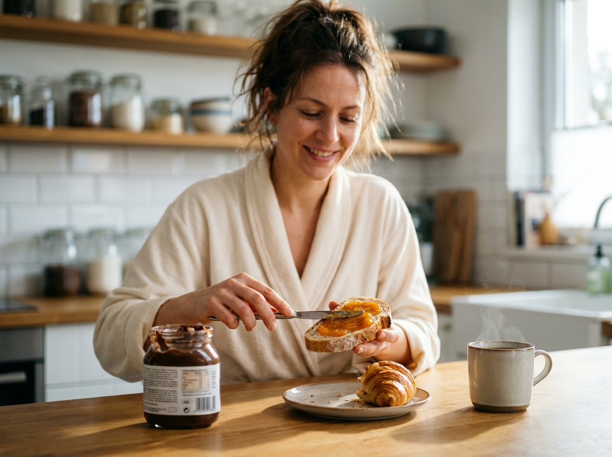 Femme en robe de chambre étalant de la confiture d'abricot sur une tartine au petit déjeuner dans une cuisine moderne