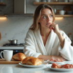 Femme en peignoir regardant son assiette de viennoiseries