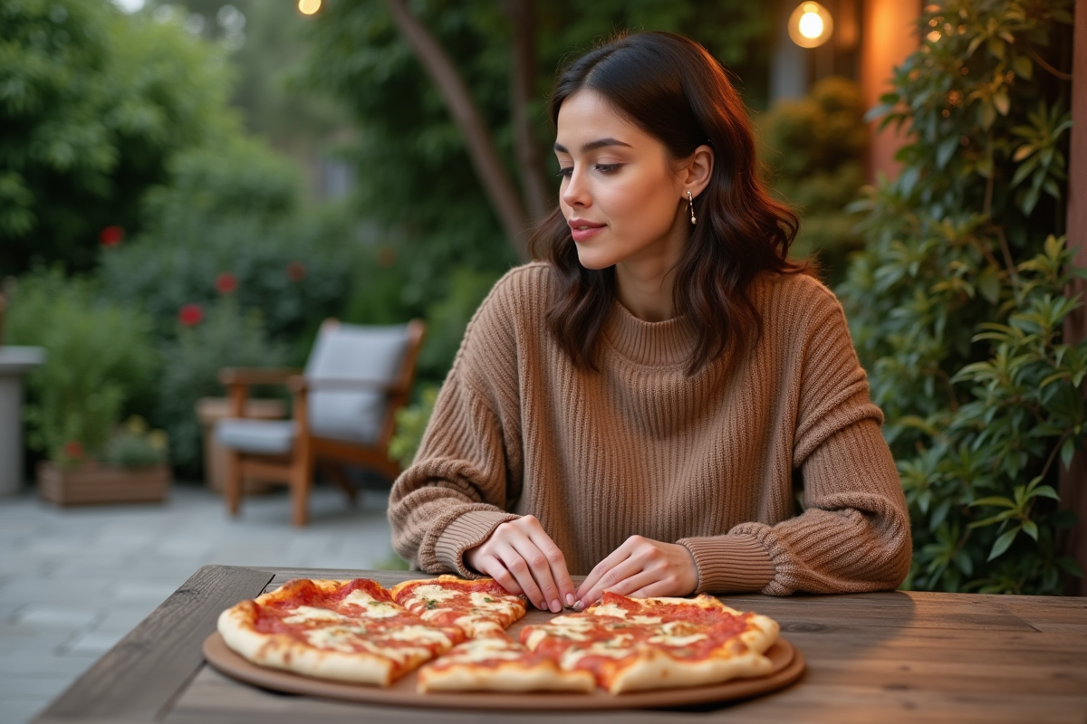 Femme examine une pierre à pizza sur une table extérieure