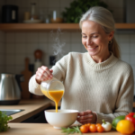Femme versant soupe maison dans un bol en cuisine chaleureuse