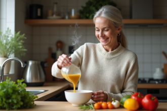 Femme versant soupe maison dans un bol en cuisine chaleureuse