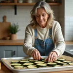 Femme en cuisine préparant des aubergines tranchées