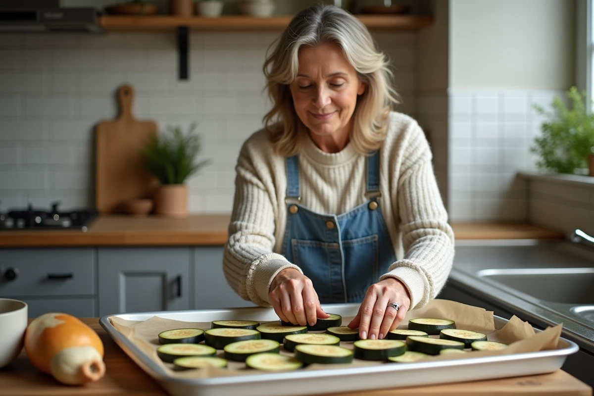 Femme en cuisine préparant des aubergines tranchées