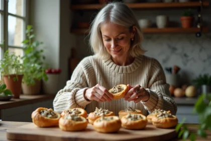 Femme en cuisine préparant des bouchées à la reine