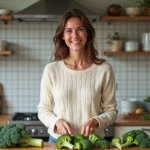 Femme souriante préparant du brocoli frais dans la cuisine