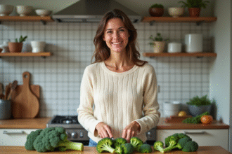 Femme souriante préparant du brocoli frais dans la cuisine