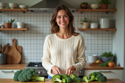 Femme souriante préparant du brocoli frais dans la cuisine