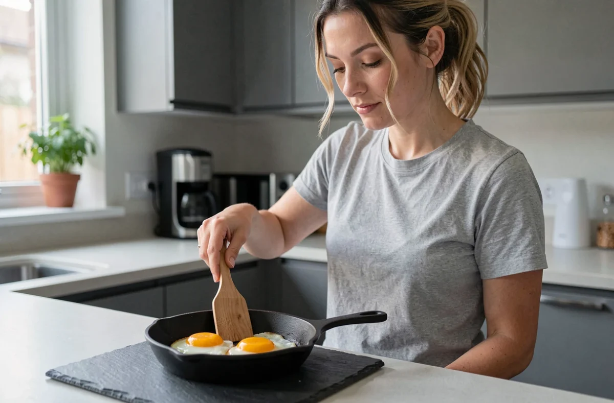 Femme préparant des œufs au plat dans une poêle en fonte pour un petit déjeuner riche en protéines