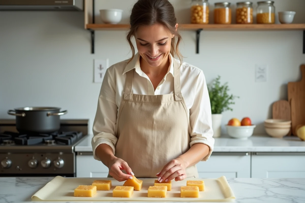 Femme préparant des pâtes de fruit pomme allégées en sucre dans une cuisine moderne et lumineuse