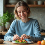 Femme en cuisine préparant une salade colorée à la maison