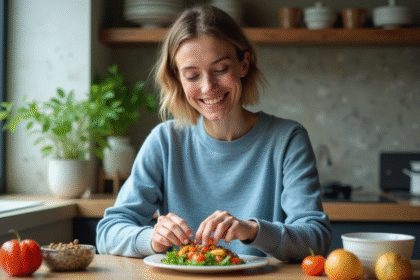 Femme en cuisine préparant une salade colorée à la maison