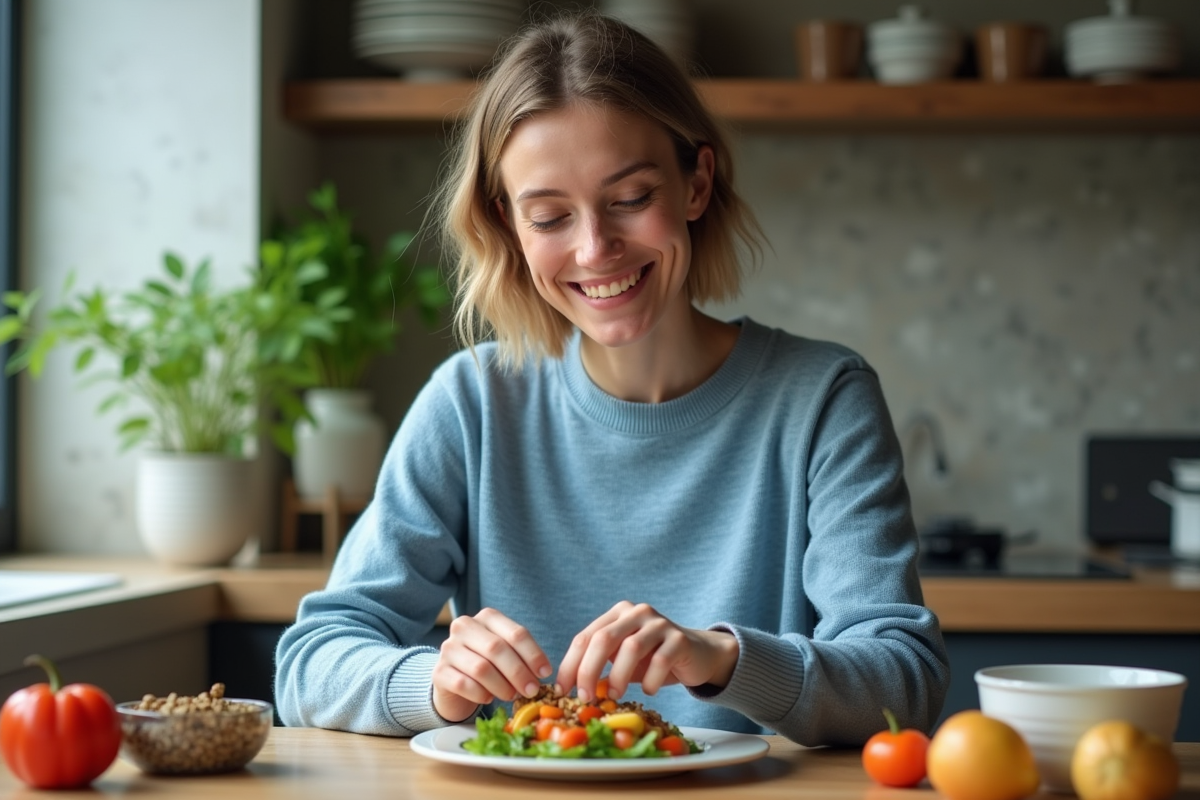 Femme en cuisine préparant une salade colorée à la maison