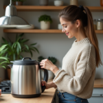Femme en cuisine préparant une soupe maison avec un robot moderne