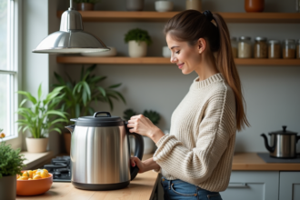 Femme en cuisine préparant une soupe maison avec un robot moderne