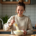 Femme souriante verse de la purée de pommes de terre dans un bol