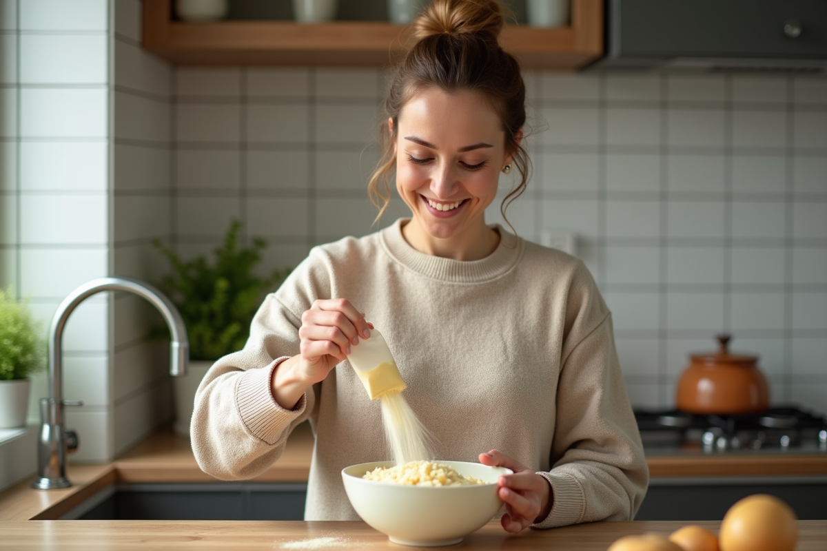 Femme souriante verse de la purée de pommes de terre dans un bol