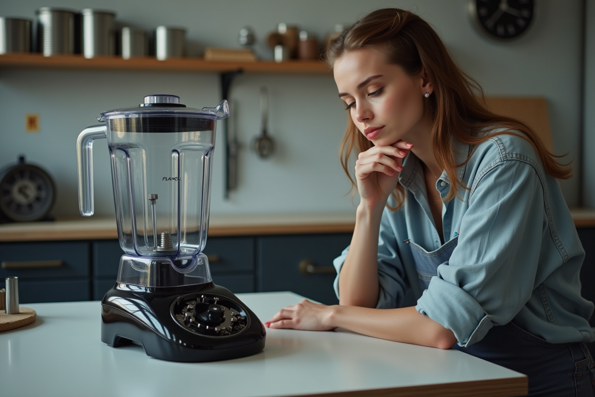Jeune femme examinant un blender démonté dans un atelier