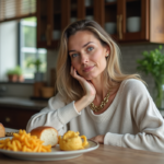Femme méditant devant un plat de féculents dans sa cuisine