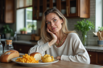 Femme méditant devant un plat de féculents dans sa cuisine
