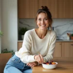 Femme souriante dans sa cuisine avec fruits et noix