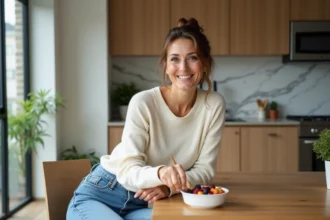 Femme souriante dans sa cuisine avec fruits et noix