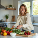 Femme souriante préparant des aliments sains dans la cuisine