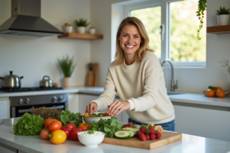 Femme souriante préparant des aliments sains dans la cuisine