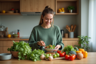 Femme préparant une salade colorée dans une cuisine chaleureuse