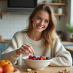 Jeune femme souriante dans une cuisine moderne avec fruits