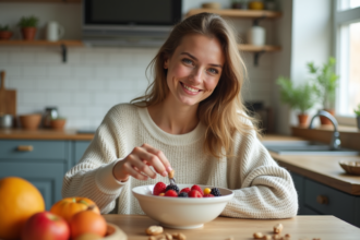 Jeune femme souriante dans une cuisine moderne avec fruits