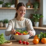 Femme souriante dans la cuisine avec bol de légumes frais