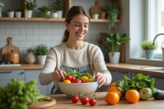 Femme souriante dans la cuisine avec bol de légumes frais
