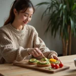 Jeune femme souriante avec plat de toast avocat et fruits